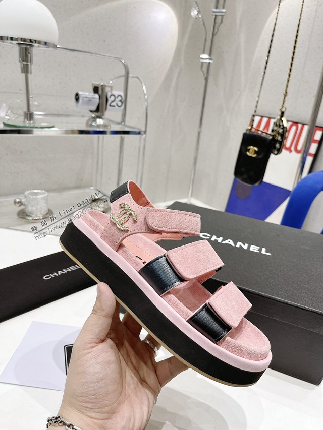 Chanel高版本香奈兒2022春夏最新厚底魔術扣涼鞋 魔術貼女款沙灘涼鞋 dx2662